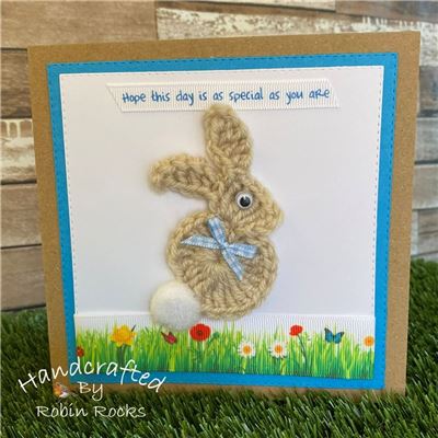 Crochet Bunny Card - Cream/Blue
